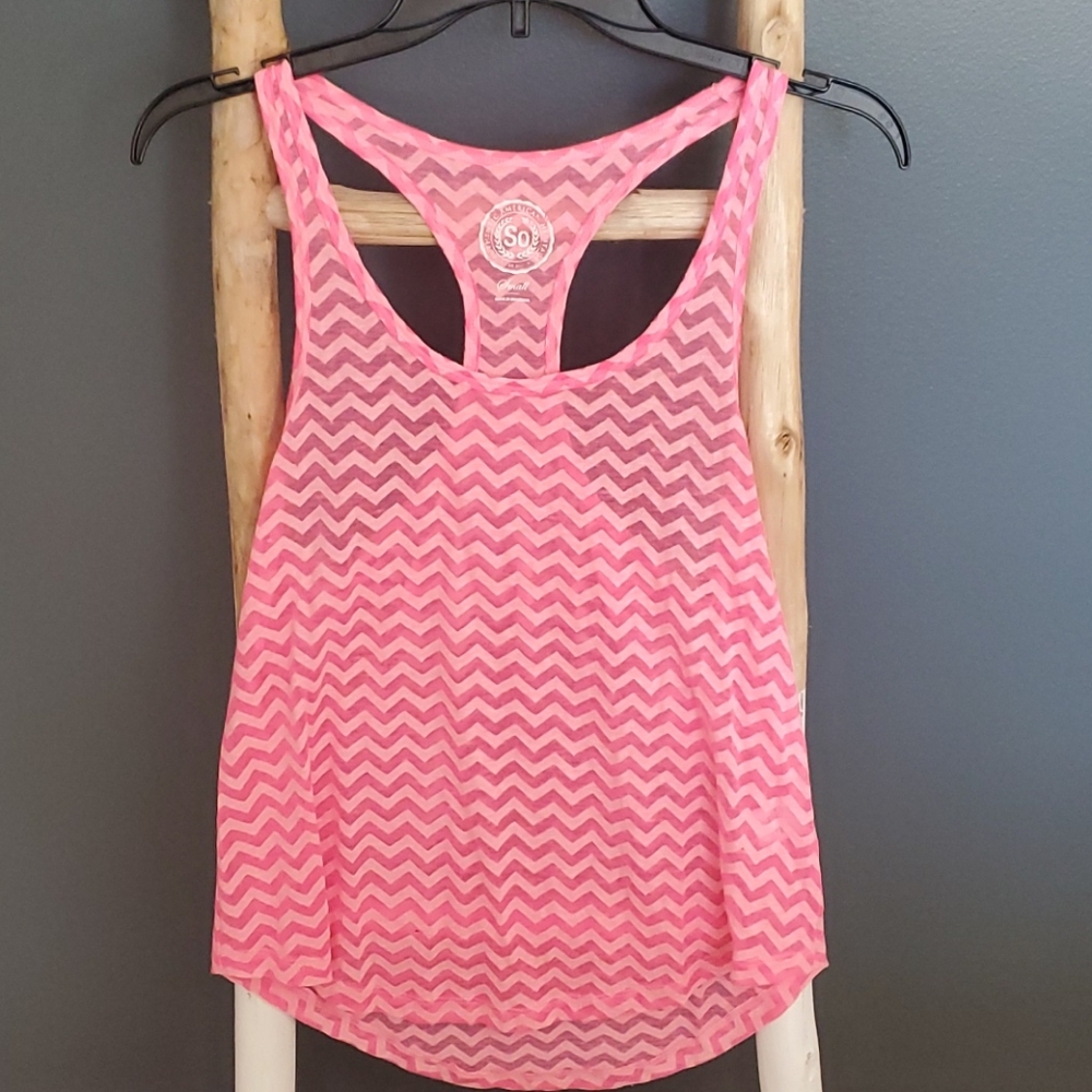 pink sheer chevron print racerback tank top by the brand SO. Small NWT